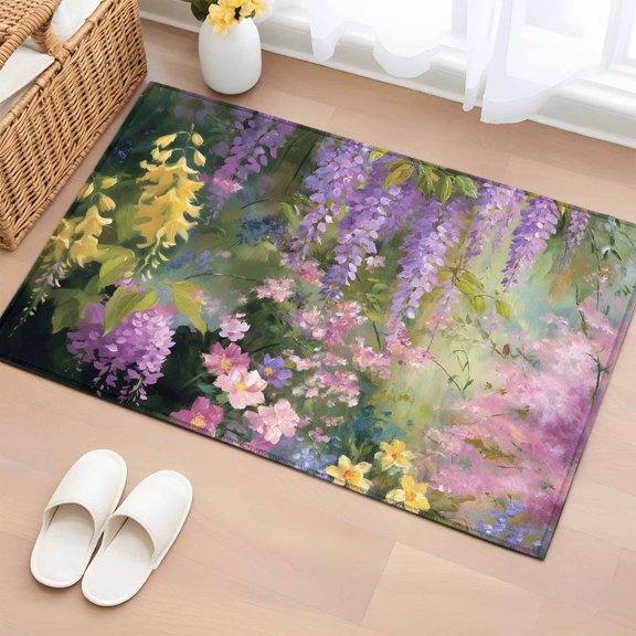 Spring Floral 2'x3' Rug for Entryway Front Door Kitchen Sink Area, Pink Yellow Orange Flower Oil Paintings Gradient Low Pile Non Slip Rectangle Area Rug, Machine Washable Indoor Outdoor Mat