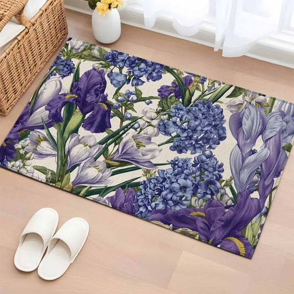 Spring Floral 2'x3' Rug for Entryway Front Door Kitchen Sink Area, Retro Blue Hydrangea Purple White Floral Linen Texture Low Pile Non Slip Rectangle Area Rug, Machine Washable Indoor Outdoor Mat