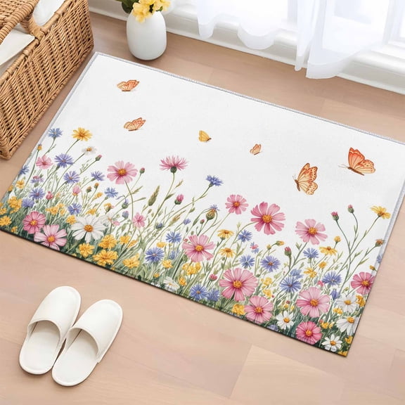 Spring Floral 2'x3' Rug for Entryway Front Door Kitchen Sink Area, Vintage Watercolor Pink Yellow Blue Floral Butterfly Low Pile Non Slip Rectangle Area Rug, Machine Washable Indoor Outdoor Mat