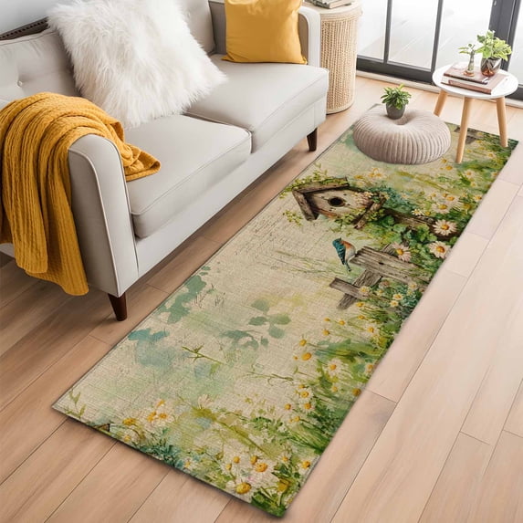 Spring Floral 2'x6' Runner Rugs for Hallway Kitchen Bedside Non Slip Washable, Birds Cabin Watercolor Botanical Retro Art Entryway Rug Runners with Rubber Backing, Long Carpet Runner for Laundry Room
