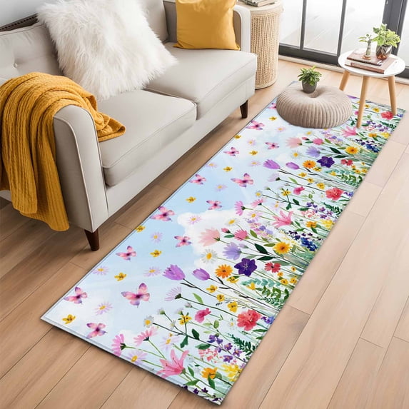 Spring Floral 2'x6' Runner Rugs for Hallway Kitchen Bedside Non Slip Washable, Butterflies Botanical Blue Ombre Entryway Rug Runners with Rubber Backing, Long Carpet Runner for Laundry Room