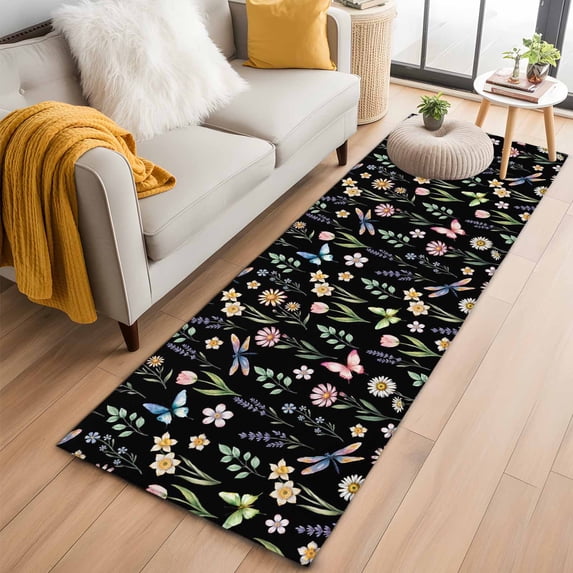 Spring Floral 2'x6' Runner Rugs for Hallway Kitchen Bedside Non Slip Washable, Elegant Pastoral Flowers Dragonfly Black Entryway Rug Runners with Rubber Backing, Long Carpet Runner for Laundry Room