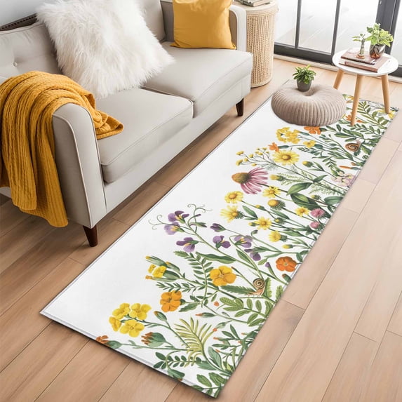 Spring Floral 2'x6' Runner Rugs for Hallway Kitchen Bedside Non Slip Washable, Green Yellow Botanical Elegant Pastoral Entryway Rug Runners with Rubber Backing, Long Carpet Runner for Laundry Room