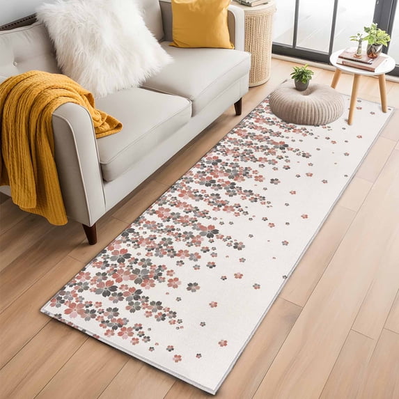 Spring Floral 2'x6' Runner Rugs for Hallway Kitchen Bedside Non Slip Washable, Red Gray Cherry Flowers Blossom Beige Entryway Rug Runners with Rubber Backing, Long Carpet Runner for Laundry Room
