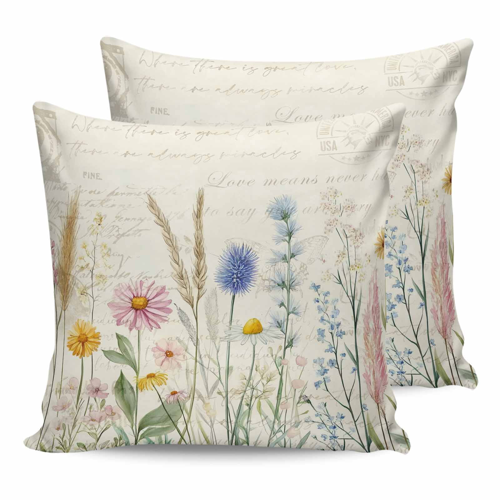 Spring Floral 24x24 Pillow Covers Set of 2, Summer Farmhouse Vintage Botanical Throw Pillow Covers Decorative Couch Cushion Case, Microfiber Square Pillowcases for Bedroom Car Living Room