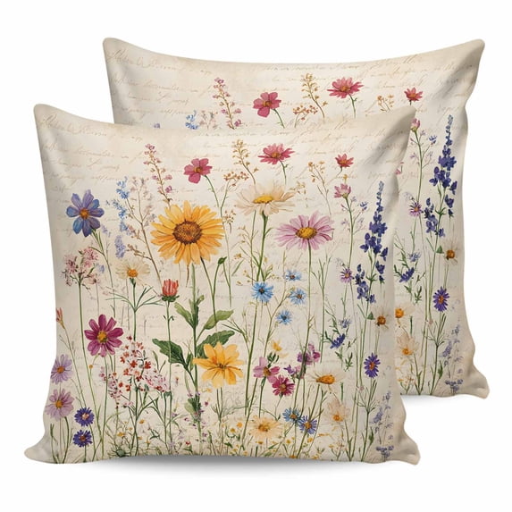 Spring Floral 24x24 Pillow Covers Set of 2, Vintage Pastoral Rustic Botanical Flowers Throw Pillow Covers Decorative Couch Cushion Case, Microfiber Square Pillowcases for Bedroom Car Living Room