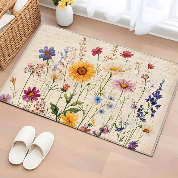 Spring Floral 2x3 Door Mat Rug, Vintage Pastoral Rustic Botanical Flowers Non-Skid Rubber Backing Large Rectangle Rugs - Living Room Bedroom Home Office, Indoor Floor Mat Carpets Washable Rug