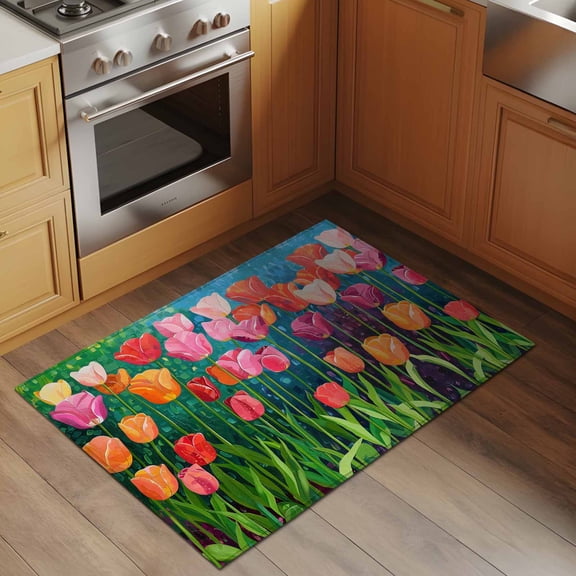 Spring Floral 2x3 Rug for Entryway Front Door Kitchen Sink Area, Pink Orange Tulip Oil Painting Gradient Low Pile Washable Non Slip Rectangle Area Rug
