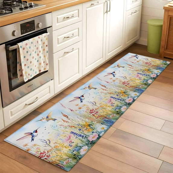 Spring Floral 2x6 Kitchen Runner Rug, Pastoral Rustic Hummingbird Botanical Non-Skid Rubber Backing Large Rectangle Rugs - Living Room Bedroom Home Office, Indoor Floor Mat Carpets Washable Rug