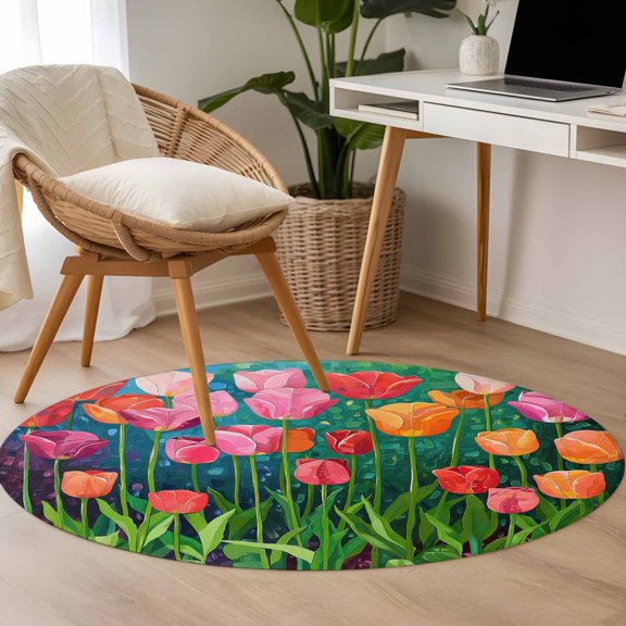 Spring Floral 3.3ft Round Rug for Bedroom Reading Corner, Pink Orange Tulip Oil Painting Gradient Washable Non Slip Circle Area Rug