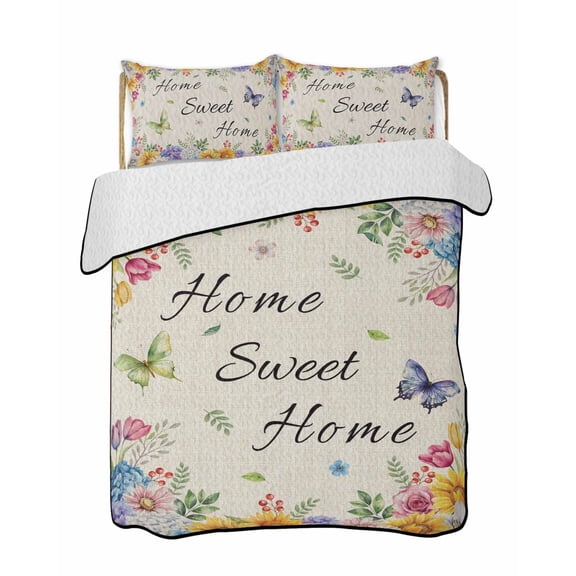 Spring Floral 3 Pieces Quilt Set, 1 Quilt with 2 Shams, Home Sweet Home Sunflower Tulip Daisy Butterfly Linen Bedspread Soft Lightweight Bedding Coverlet Comforter Set for All Season 96"x106"