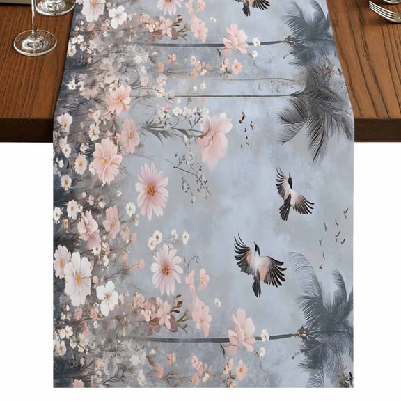 Spring Floral 36 Inch Table Runner, Watercolor Birds Tree Botanical Flower Farmhouse Dresser Scarf Cotton & Linen Tablerunner for Dining/Kitchen Island/Holiday Party Décor Small 13" x 36"