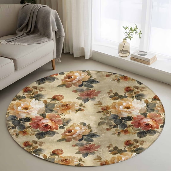 Spring Floral 3FT Round Area Rugs Oil Painting Flowers Pink White Peony Retro Romantic Soft Small Round Rug Non-Slip, Ultra-Thin Indoor Circle Carpet for Bedroom Entryway Kitchen Bathroom