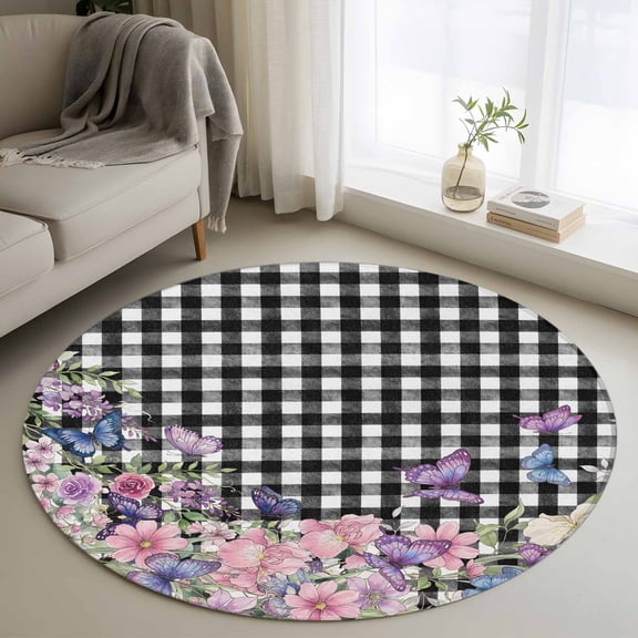 Spring Floral 3ft Area Rug, Black White Checkered Farmhouse Butterfly Washable Non-Slip Small Round Rugs for Entryway Bedroom Kitchen, Soft Circle Carpet for Dining Room, Playroom Nursery Rug