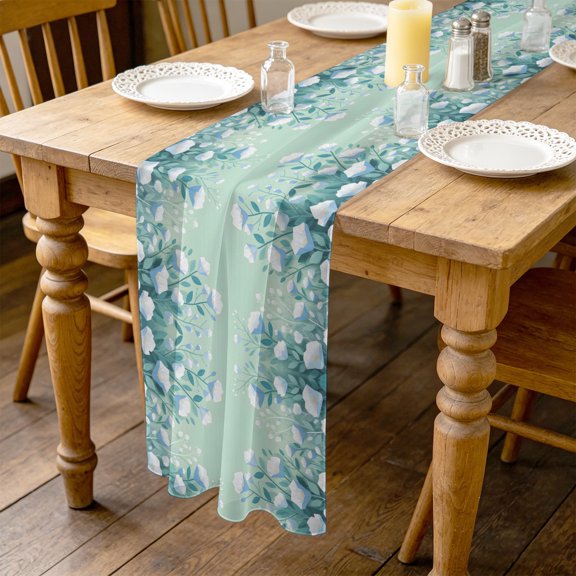 Spring Floral 4.5ft Cheesecloth Table Runner for Wedding 19"x55", Rustic Boho White Wildflowers Green Grass Botanical Kitchen Dinner Sheer Tulle Chiffon Dresser Scarf, Holiday Party Decorations