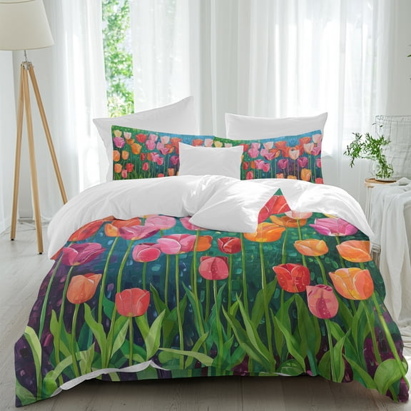 Spring Floral 4 Piece Duvet Cover Set California King Size Pink Orange Tulip Oil Painting Gradient Soft Bedding Set Comforter Cover, 1 Duvet Cover 1 Flat Sheets and 2 Pillowcases