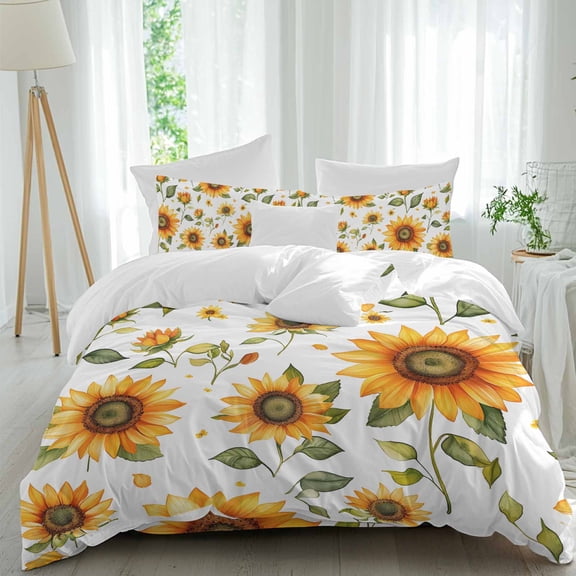 Spring Floral 4 Piece Duvet Cover Set California King Size Watercolor Sunflower Soft Bedding Set Comforter Cover, 1 Duvet Cover 1 Flat Sheets and 2 Pillowcases