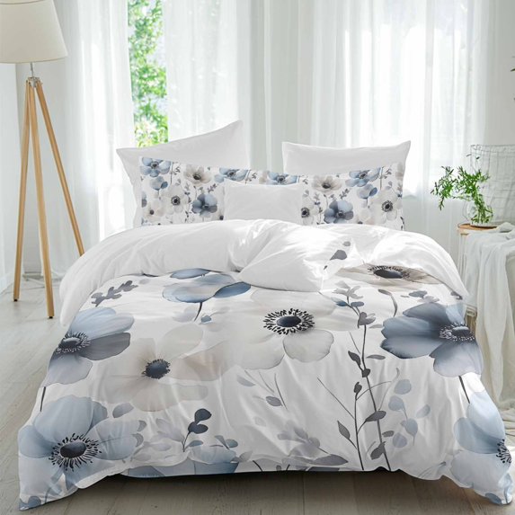 Spring Floral 4 Piece Duvet Cover Set Twin Size Watercolor Grey Blue Flower Grey Leaves Soft Bedding Set Comforter Cover, 1 Duvet Cover 1 Flat Sheets and 2 Pillowcases