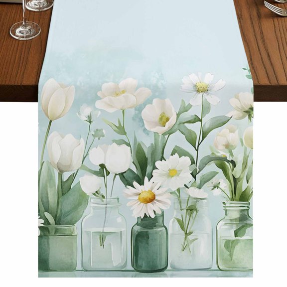 Spring Floral 48 Inch Table Runner, Summer Daisy Tulip Flowers Vases Farmhouse Dresser Scarf Cotton & Linen Tablerunner for Dining/Kitchen Island/Holiday Party Décor 13" x 48"