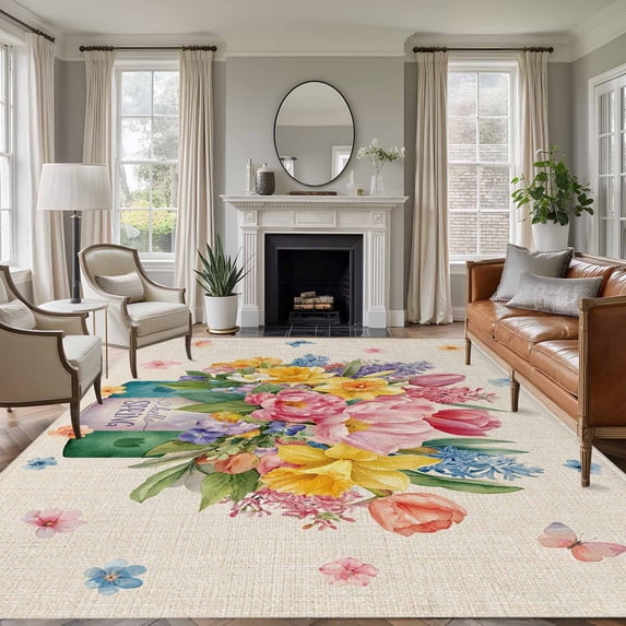 Spring Floral 5'x7' Area Rug, Watercolor Lavender Daisy Butterflies Linen Washable Non-Slip Soft Rugs, Low-Pile Large Carpet for Living Room Bedroom Dining Room, Non-Shedding Accent Rug