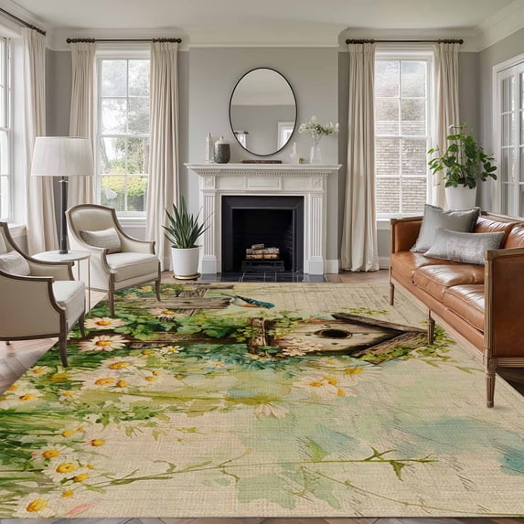 Spring Floral 6'x9' Area Rug for Living Room, Birds Cabin Watercolor Botanical Retro Art Non-Slip Floor Mat Rugs for Bedroom Dining Room, Indoor Large Carpet for Classroom, Nursery Rugs for Playroom