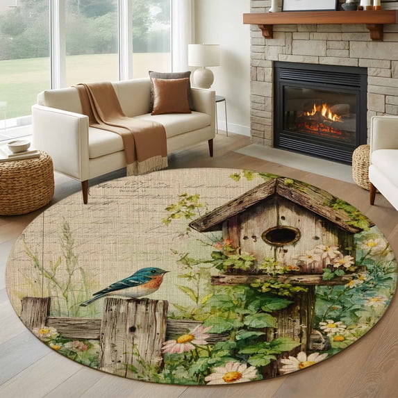 Spring Floral 6ft Round Rugs, Birds Cabin Watercolor Botanical Retro Art Washable Non-Slip Area Rugs for Living Room Bedroom Kitchen, Soft Low Pile Dining Room Kicthen Circle Carpet, Indoor Floor Rug