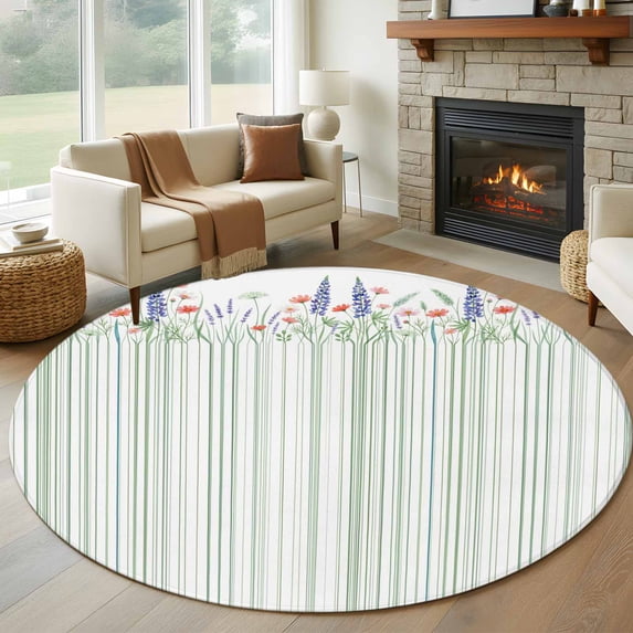 Spring Floral 8' Round Area Rug, Watercolor Flowers Green Lines Minimalist Washable Non-Slip Large Circle Rugs for Living Room Bedroom, Soft Low Pile Rug Carpet for Dining Room Kitchen Farmhouse