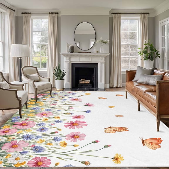 Spring Floral 8'x10' Large Area Rug for Living Room Sectional Sofa, Vintage Watercolor Pink Yellow Blue Floral Butterfly Non Slip Low Pile Rectangle Area Rug, Machine Washable Indoor Outdoor Mat