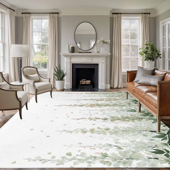 Spring Floral 8'x10' Large Area Rug for Living Room Sectional Sofa, Watercolor Light Green Flowers Modern Rustic Farmhouse Washable Non Slip Low Pile Rectangle Area Rug