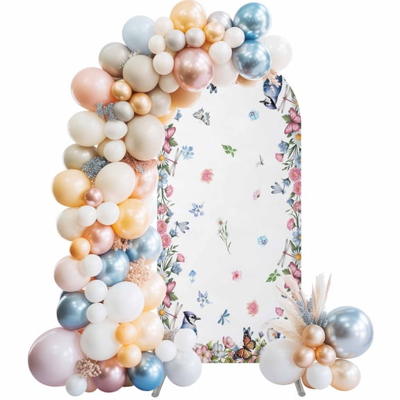 Spring Floral Arch Backdrop Cover 4 FT Blue Pink Wildflowers Leaves Birds Butterflies Stretchy Elastic Arch Stand Covers Spandex Arched Background Birthday Wedding Party Decoration (No Stand)