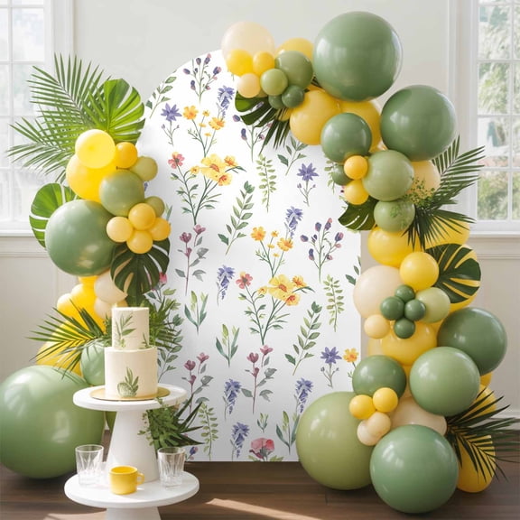Spring Floral Arch Backdrop Cover, 6.6FT, Yellow Pink Purple Flower Floral Farm Plant Spandex Arch Covers Double-Sided Backdrop for Wedding Birthday Party Photo Background Decoration