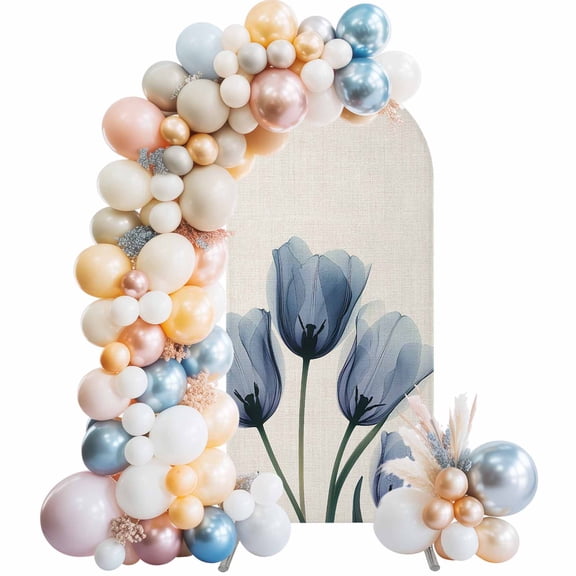 Spring Floral Arch Backdrop Cover, Spandex Fitted Wedding Arch Cover, Blue Tulip Summer Botanical Rustic Round Top Stand Covers for Birthday Ceremony Bridal Shower Party Decor 5x2.1 Ft