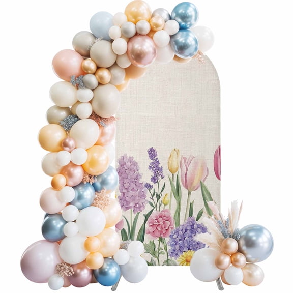 Spring Floral Arch Backdrop Cover, Spandex Fitted Wedding Arch Cover, Pink Tulip Summer Botanical Rustic Round Top Stand Covers for Birthday Ceremony Bridal Shower Party Decor 5x2.1 Ft