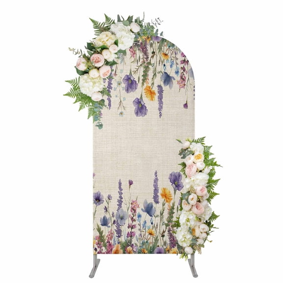 Spring Floral Arch Backdrop Cover, Spandex Fitted Wedding Arch Cover, Purple Flowers Summer Botanical Rustic Round Top Stand Covers for Birthday Ceremony Bridal Shower Party Decor 6.6x3.3 Ft