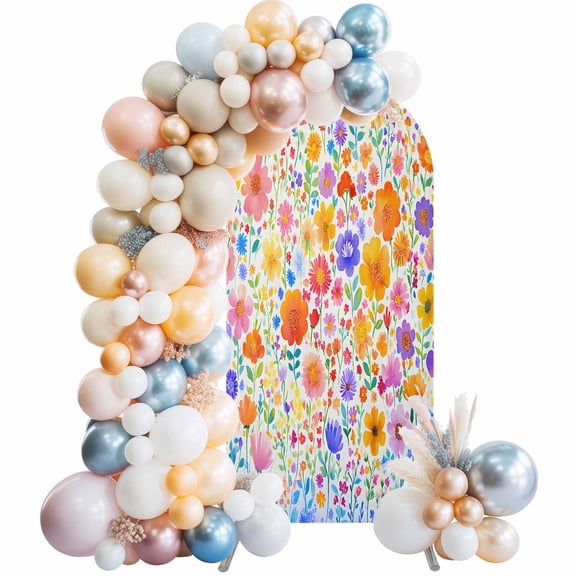 Spring Floral Arch Backdrop Cover, Spandex Fitted Wedding Arch Cover, Watercolor Colorful Botanical Summer Round Top Stand Covers for Birthday Ceremony Bridal Shower Party Decor 5x2.1 Ft