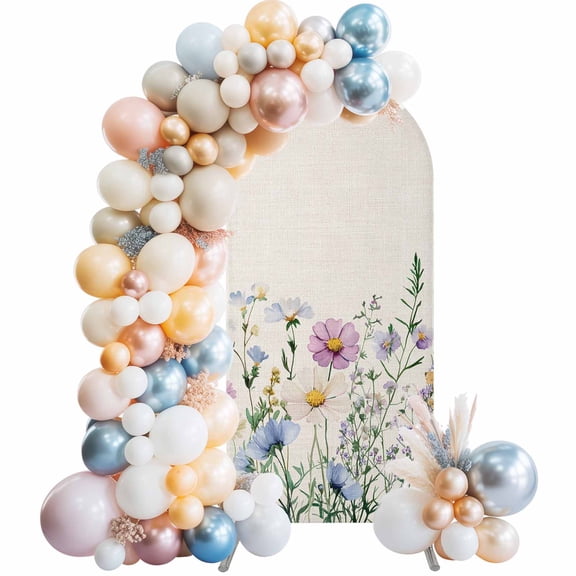 Spring Floral Arch Backdrop Cover, Spandex Fitted Wedding Arch Cover, Watercolor Herbs Summer Botanical Rustic Round Top Stand Covers for Birthday Ceremony Bridal Shower Party Decor 7.2x4 Ft