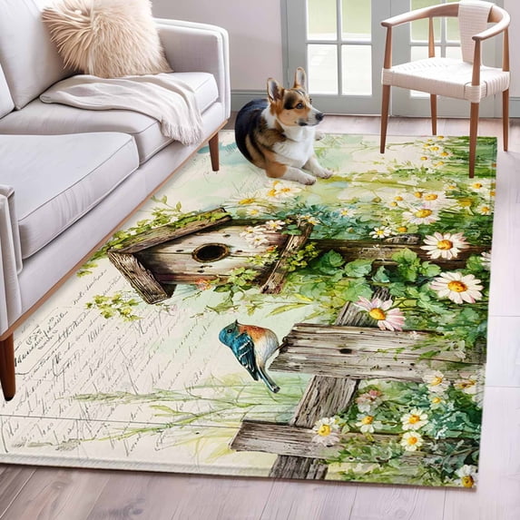 Spring Floral Area Rug 4x6 Washable Rug Non Slip Birds Cabin Daisy Watercolor Botanical Large Area Rug Indoor Floor Carpet for Entryway Bedroom Kitchen Living Room Home Office Dining Room Nursery