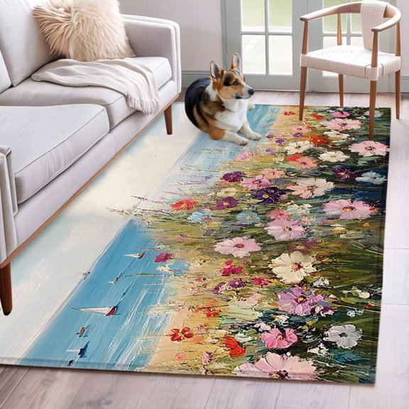 Spring Floral Area Rug 4x6 Washable Rug Non Slip Oil Painting Art Landscape Beach Large Area Rug Indoor Floor Carpet for Entryway Bedroom Kitchen Living Room Home Office Dining Room Nursery