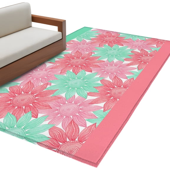 Spring Floral Area Rug 4x6 Washable Rug Non Slip Rose Pink Mint Green Flowers Cartoon Large Area Rug Indoor Floor Carpet for Entryway Bedroom Kitchen Living Room Home Office Dining Room Nursery