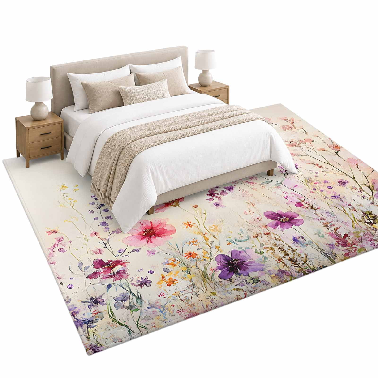 Spring Floral Area Rug 5'x7', Watercolor Purple Lavender Pink Red ...