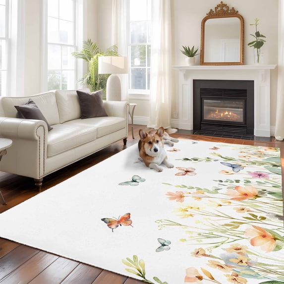 Spring Floral Area Rug 5x8 FT, Non Slip Bedroom Throw Carpet, Butterfly Summer Botanical Watercolor Washable Soft Floor Carpet Non-Shedding Rug for Living Room Nursery Dorm Office
