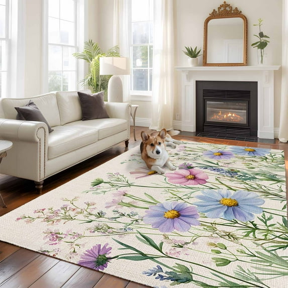 Spring Floral Area Rug 5x8 FT, Non Slip Bedroom Throw Carpet, Wildflowers Herbs Summer Botanical Vintage Washable Soft Floor Carpet Non-Shedding Rug for Living Room Nursery Dorm Office