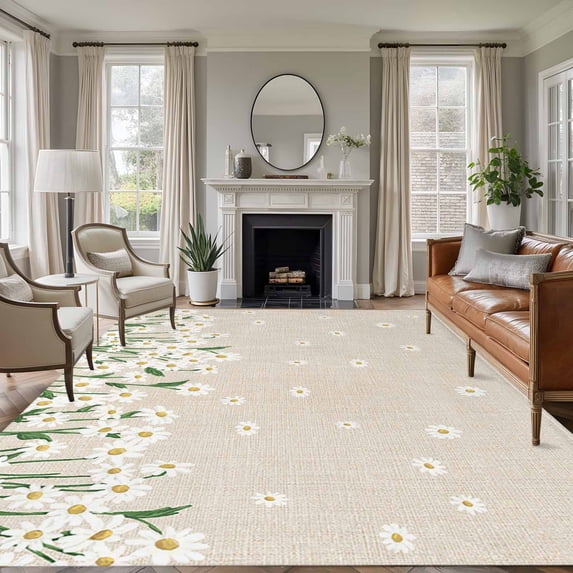 Spring Floral Area Rug 6x9 FT, Non Slip Living Room Throw Carpet, White Daisy Farmhouse Linen Texture Washable Soft Large Floor Carpet Non-Shedding Rug for Bedroom Dining Room Play Room