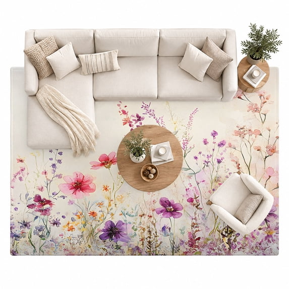 Spring Floral Area Rug 8'x10', Watercolor Purple Lavender Pink Red ...