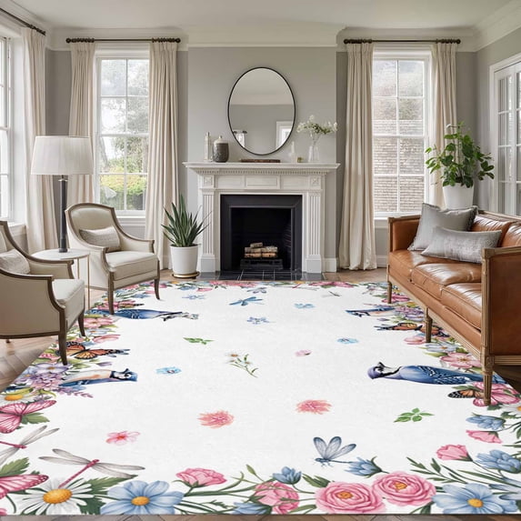 Spring Floral Area Rug 8x10 Washable Rug Non Slip Watercolor Flower Butterflies Birds Plant Large Area Rug Soft Stainresistant Indoor Floor Carpet for Living Room Bedroom Home Office Dining Room
