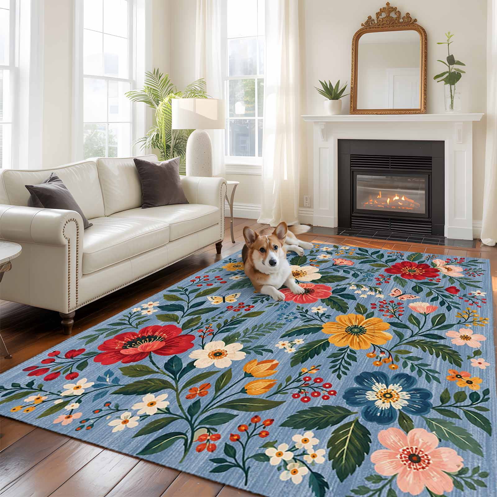 Spring Floral Area Rug, Colorful Wildflowers Botanical Leaves Navy Blue ...