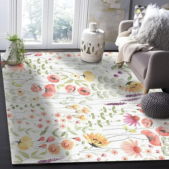 Spring Floral Area Rug, Watercolor Flower Botanical Decorative Rug, Comfortable Soft And Breathable With Non-Slip Backing Carpet for Living Room Bedroom Study Dining Room 2 x 3ft