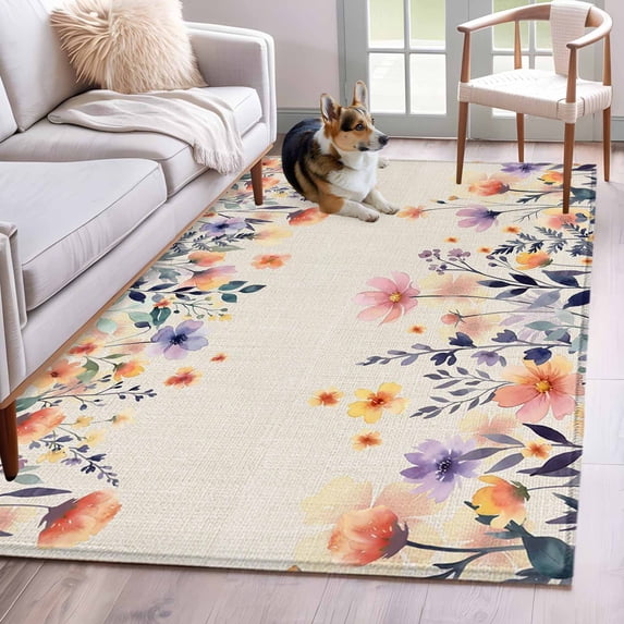 Spring Floral Area Rugs 2.7'x5', Washable Small Throw Rugs for Kitchen Bedroom, Elegant Flowers Farmhouse Botanical Rustic Indoor Outdoor Rug Non-Slip Low Pile Carpet Runner Reversible Floor Mats