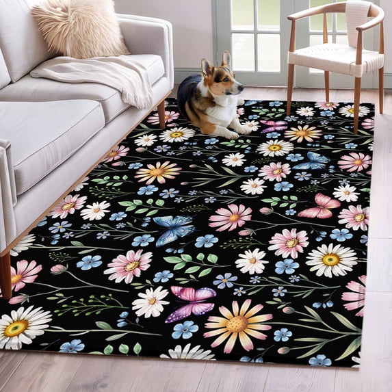 Spring Floral Area Rugs 2.7'x5', Washable Small Throw Rugs for Kitchen Bedroom, Elegant Pastoral Flowers Butterflies Black Indoor Outdoor Rug Non-Slip Low Pile Carpet Runner Reversible Floor Mats