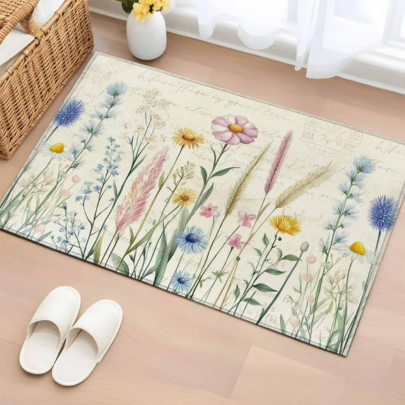 Spring Floral Area Rugs 2x3 for Living Room, Summer Farmhouse Vintage Botanical Non Slip Washable Rug Runner, Low Pile Indoor Floor Carpet Mat Bathroom Rugs for Bedroom, Kids Room